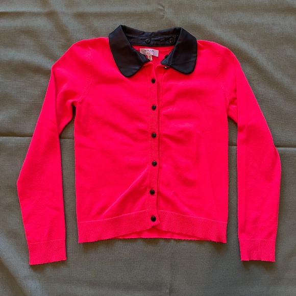 Milly Minis Faux Leather Collar Cardigan 12  (Big Girls) in Neon Melon - Picture 3 of 6